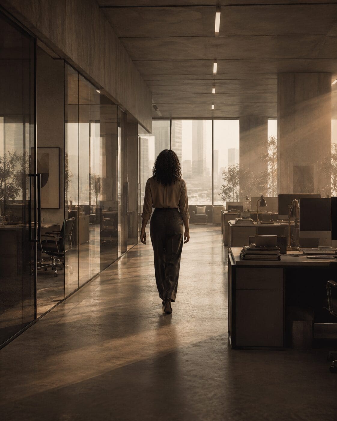 woman walking through a minimalist private home office with abandoned desks and cinematic evening light, symbolizing leadership, operational emptiness, and executive presence