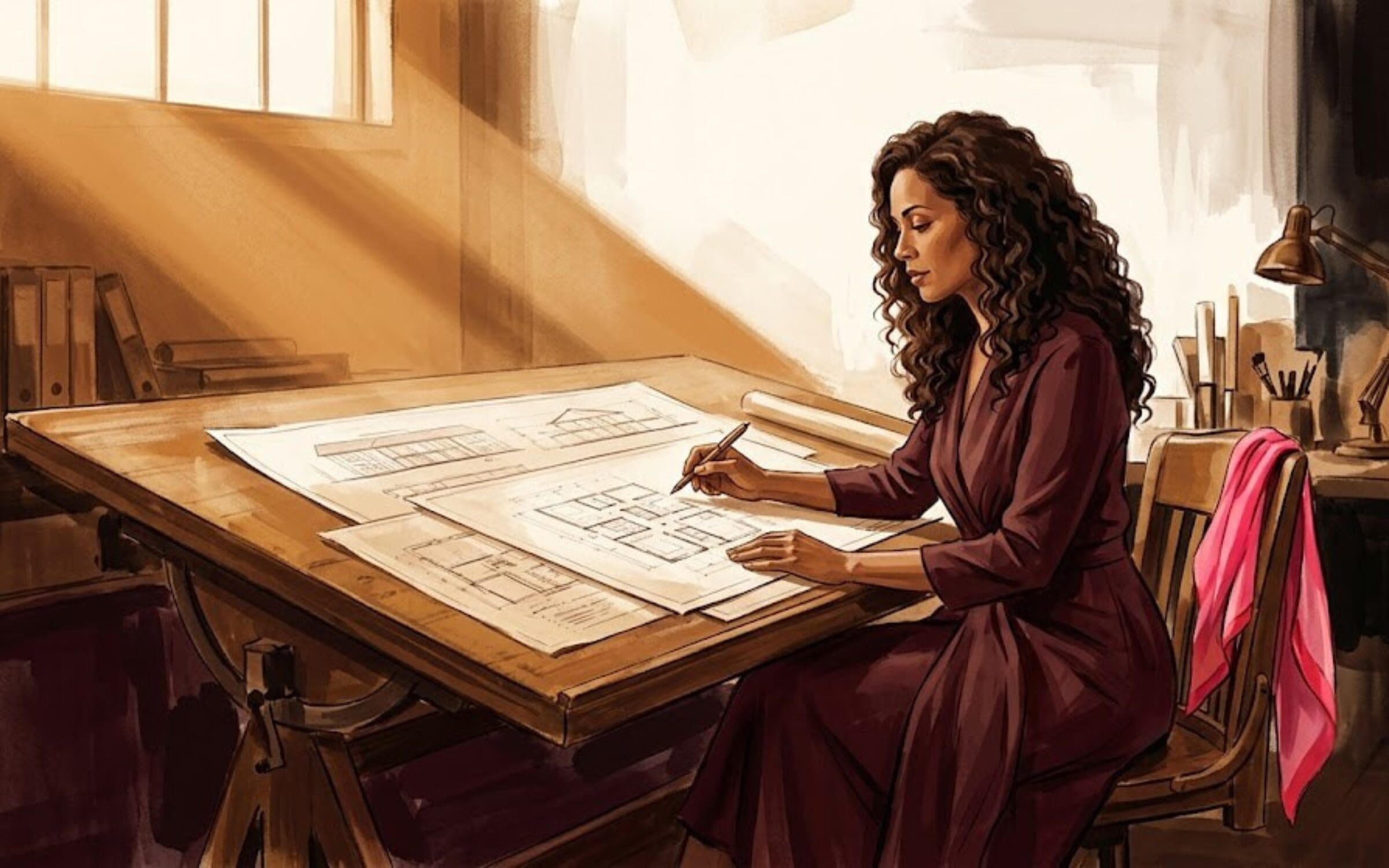 Illustrated woman at architectural drafting table reviewing blueprints, representing founder dependency and operational architecture in small business