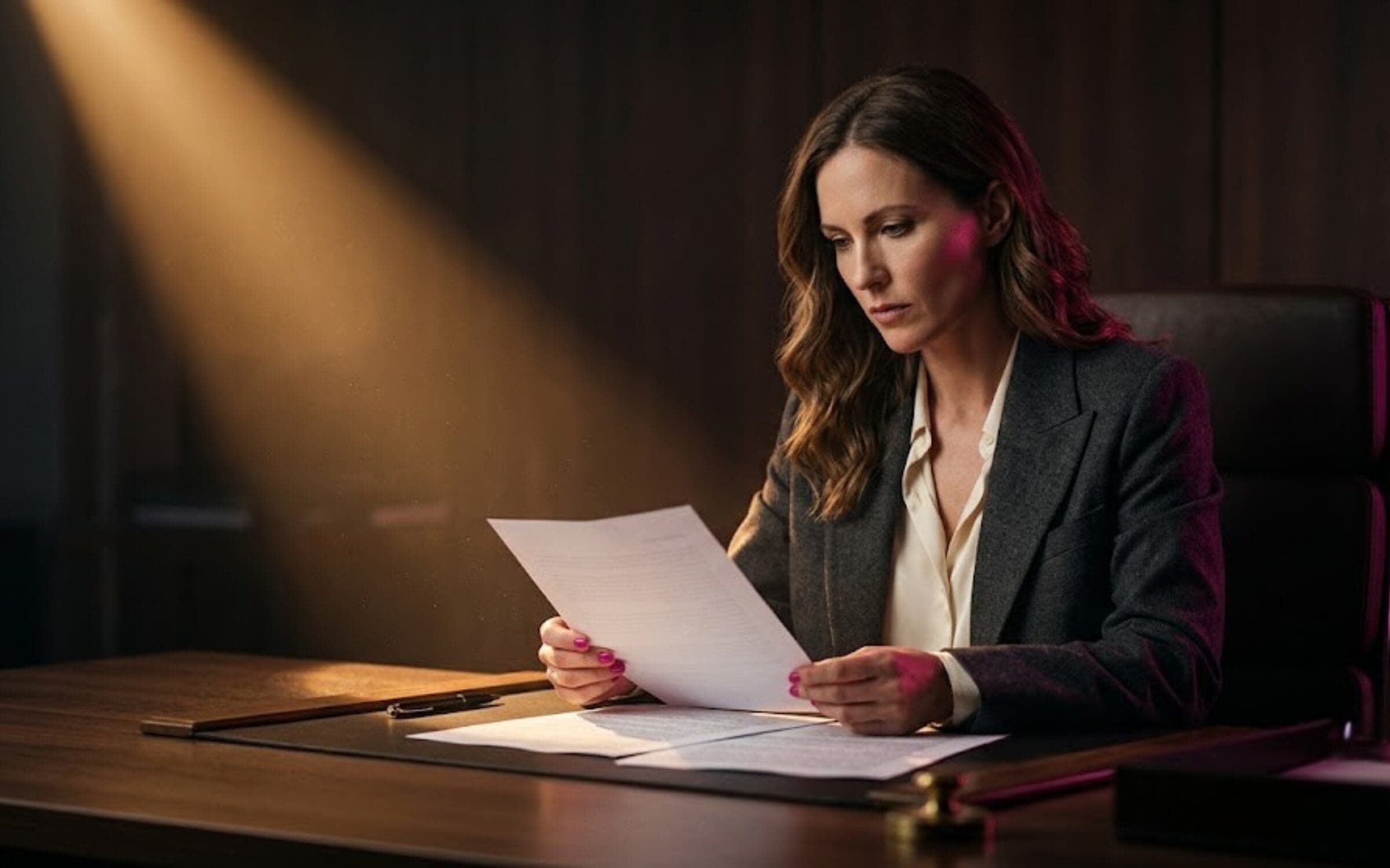 AI babysitter trap concept showing a Black woman in editorial business attire reviewing documents with quiet frustration at a precisely organized desk, representing the hidden manual work created by poorly architected automation.