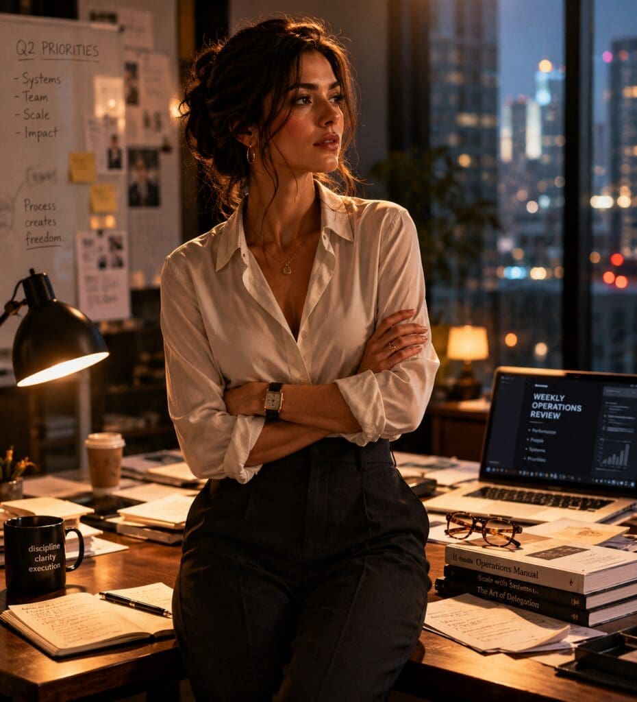 AI business operations consultant reviewing process design in executive office