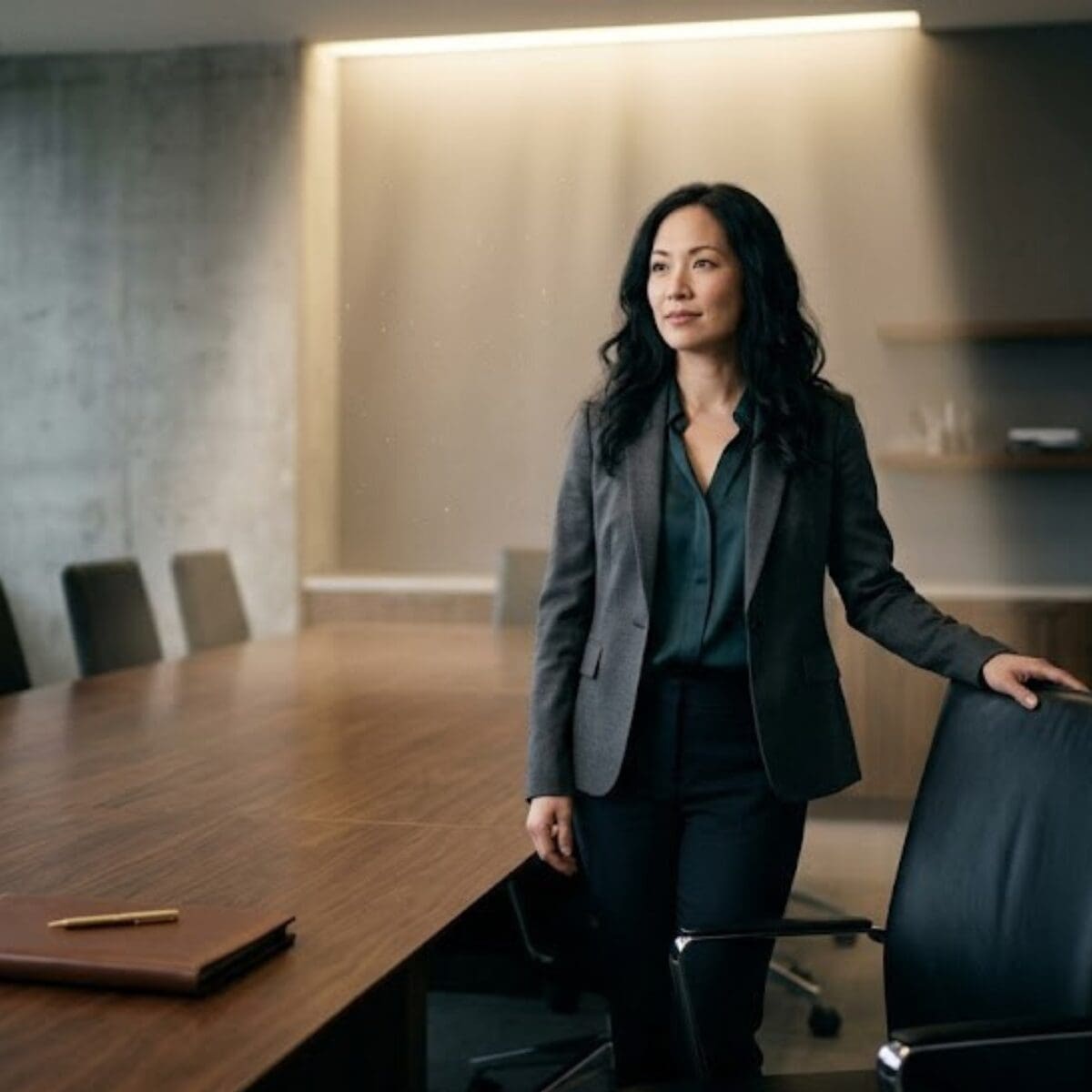 Boutique agency founder dependency concept showing a Black woman in editorial business attire standing at the head of a boardroom table with quiet authority, representing the operational architecture that makes agency owners irreplaceable.