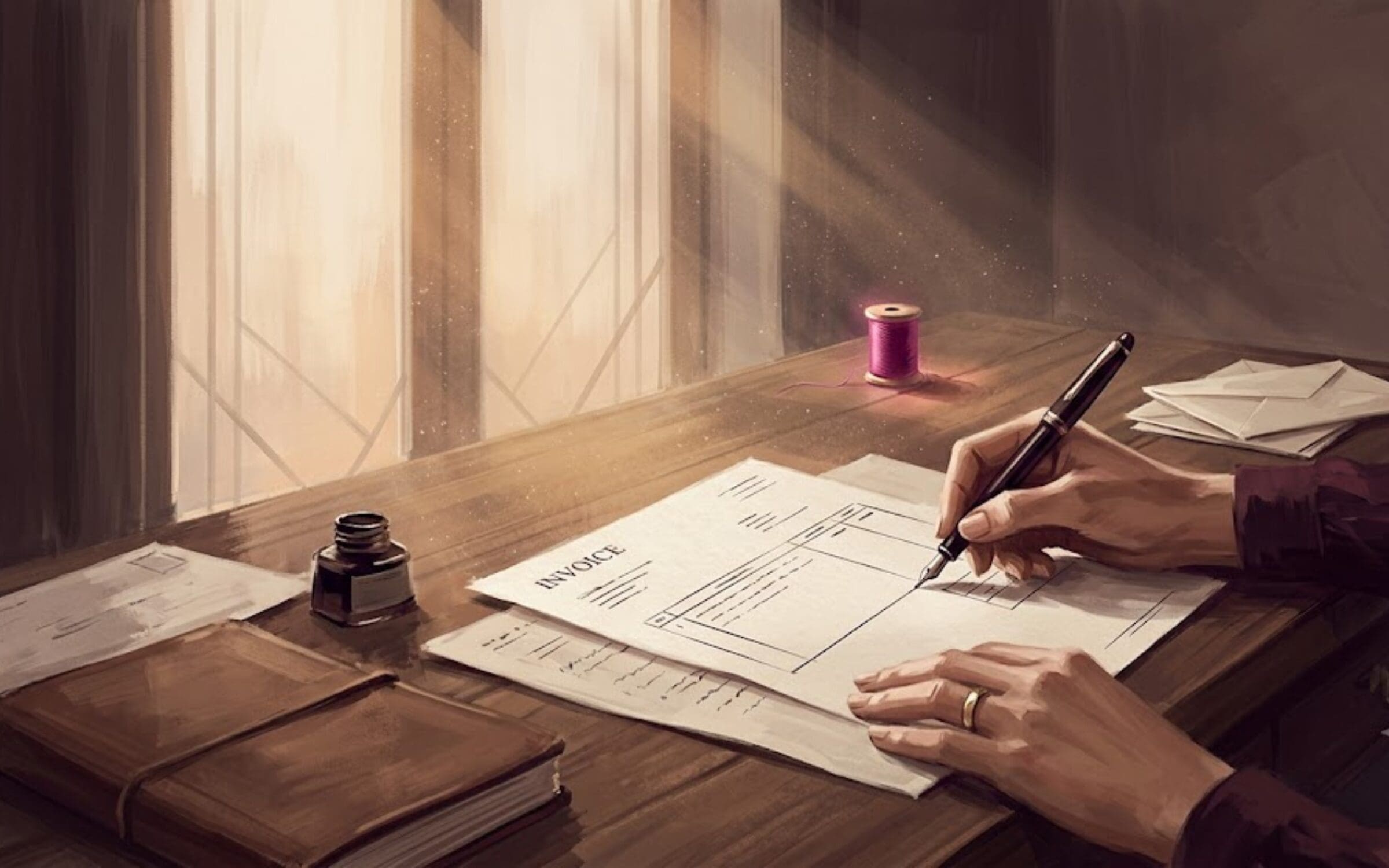 A woman's hand reformatting an invoice by hand at a wooden desk in warm evening light, illustrating the quiet cost of manual business tasks.