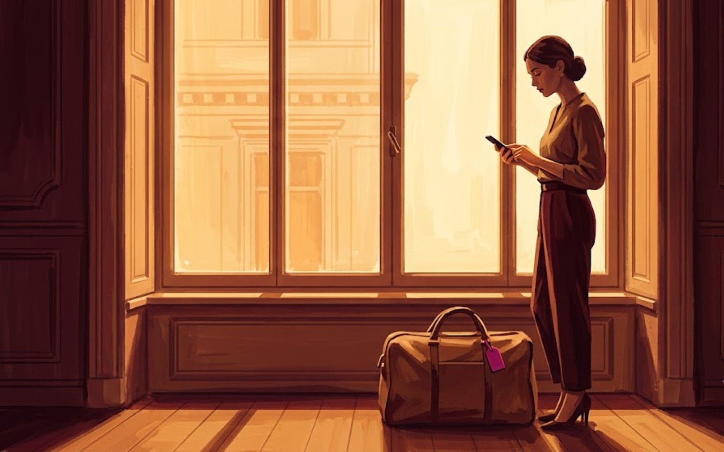 illustration of a woman standing by a window with a packed suitcase, looking at her phone with quiet resignation, representing the cost of founder dependency on personal time.