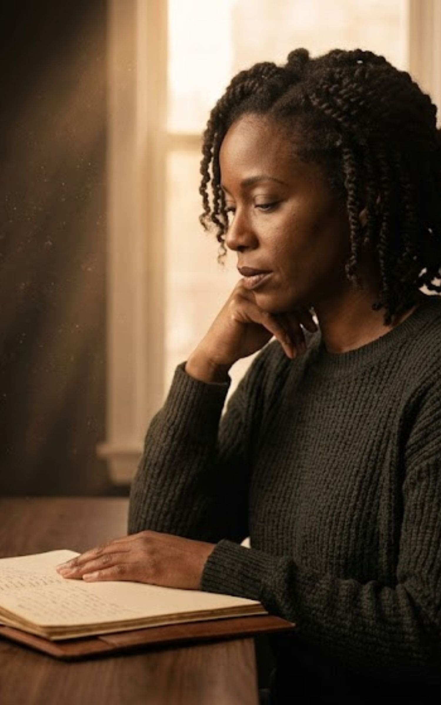 Black woman seated at dark walnut desk in editorial lighting — It's Handled operational architecture blog