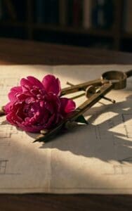 Founder as middleware visual showing a fuchsia peony pinned beneath a brass architectural compass on a blueprint, representing the weight of being load-bearing in your own business.