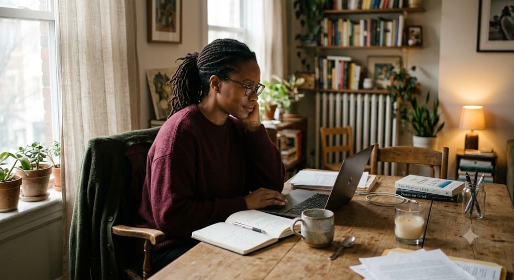 Black woman entrepreneur working at a home workspace, reviewing notes with quiet focus — illustrating the founder dependency documentation problem explored in this article.