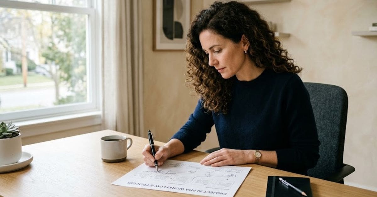 Consultant reviewing a business workflow document at a clean desk — founder dependency solution