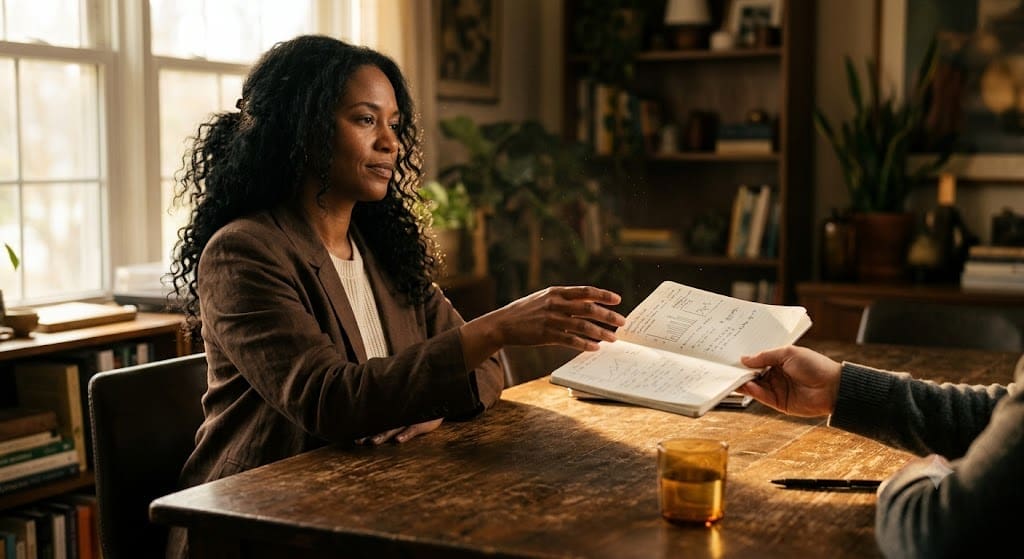 Black woman entrepreneur sliding a document across a table in a home workspace — representing the moment founder dependency ends and a documented delegation system takes over.