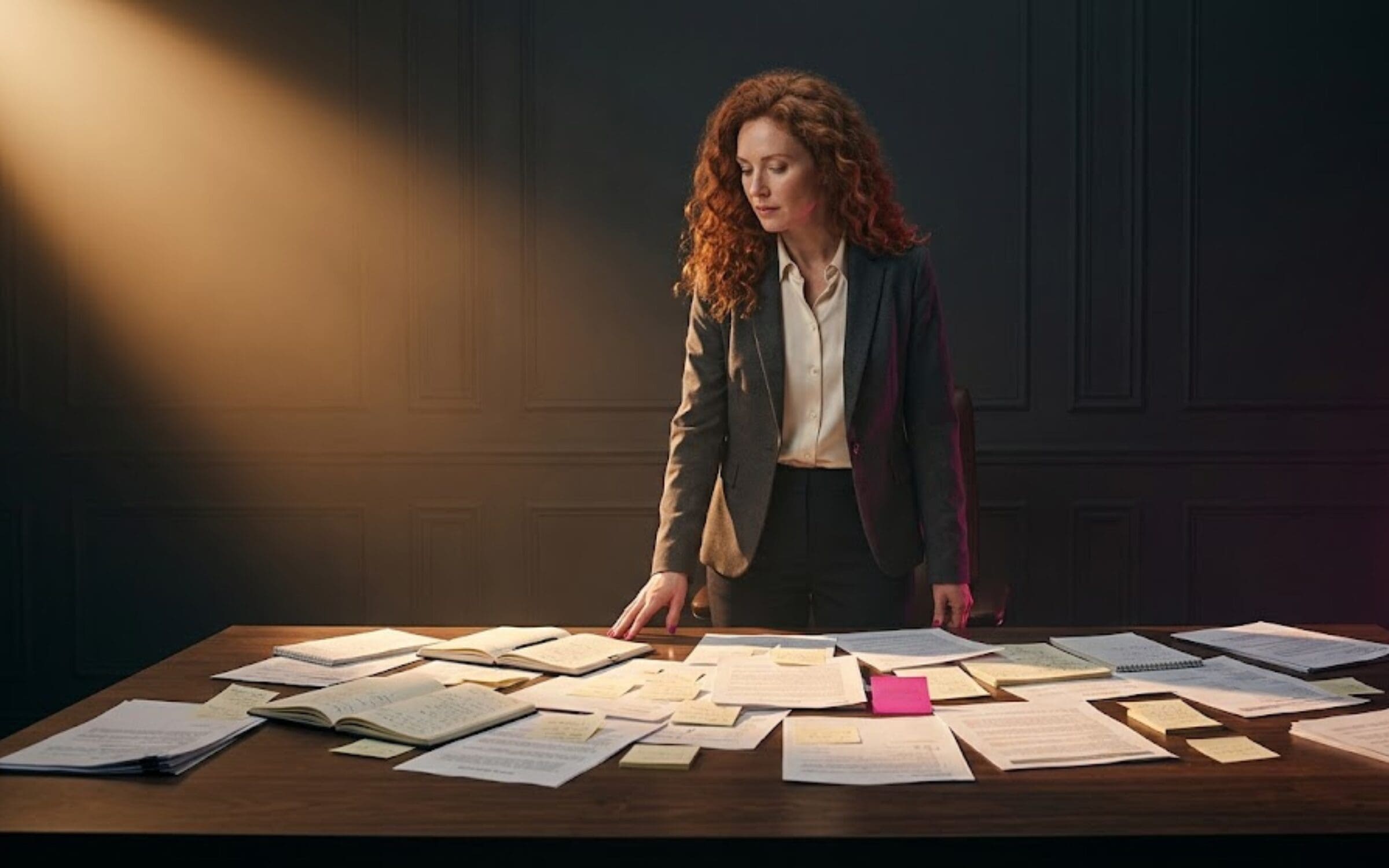 Learning as you go AI strategy concept showing a Black woman in editorial business attire standing at a desk covered in scattered papers and open notebooks representing the compounding cost of operating without an AI architecture.