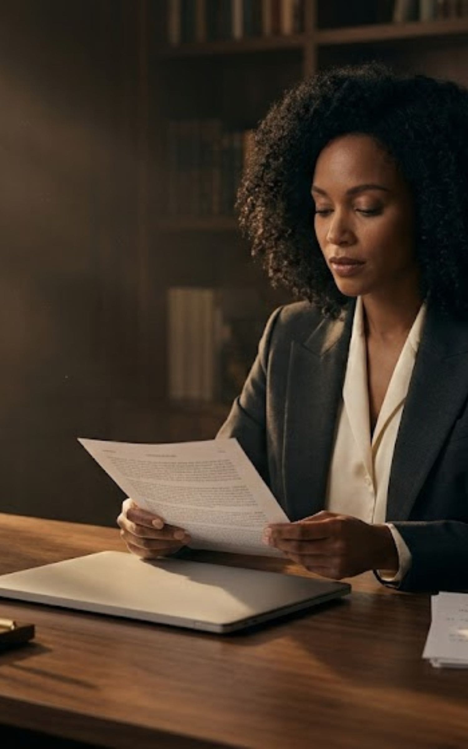 A Black woman in editorial business attire sits at a beautifully organized desk reviewing printed documentation, embodying quiet operational authority.
