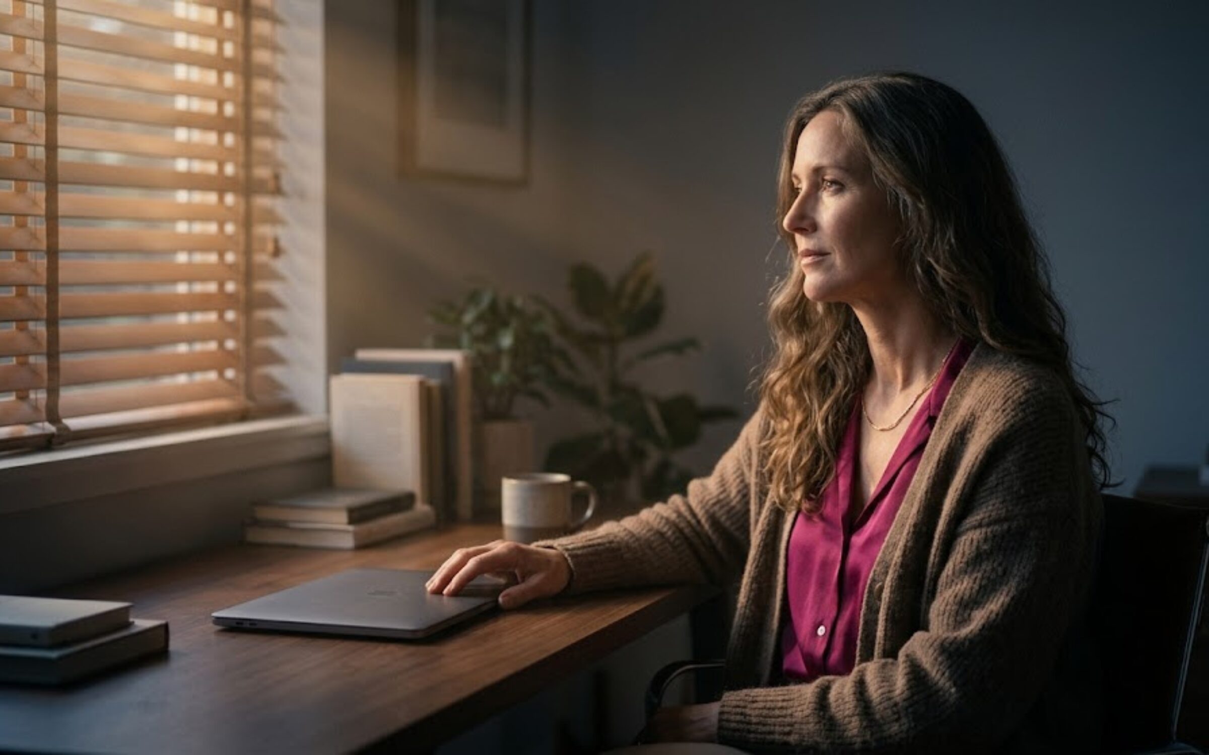A solo female founder in her late thirties sits at a minimalist wooden desk in a softly lit home office at dusk