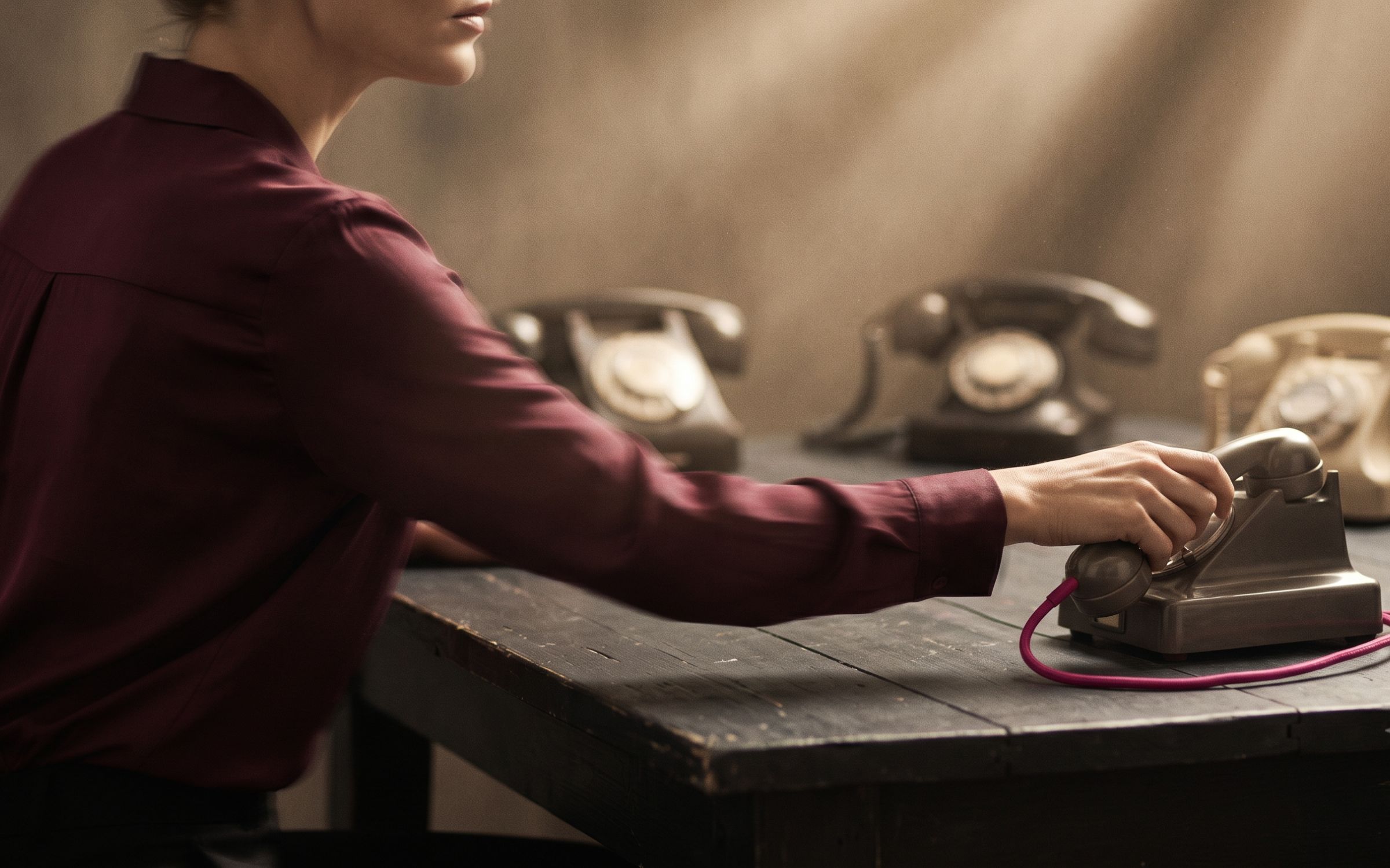 Woman in wine silk blazer reaching mid-motion toward one ringing phone among several, editorial photo representing too many business tools