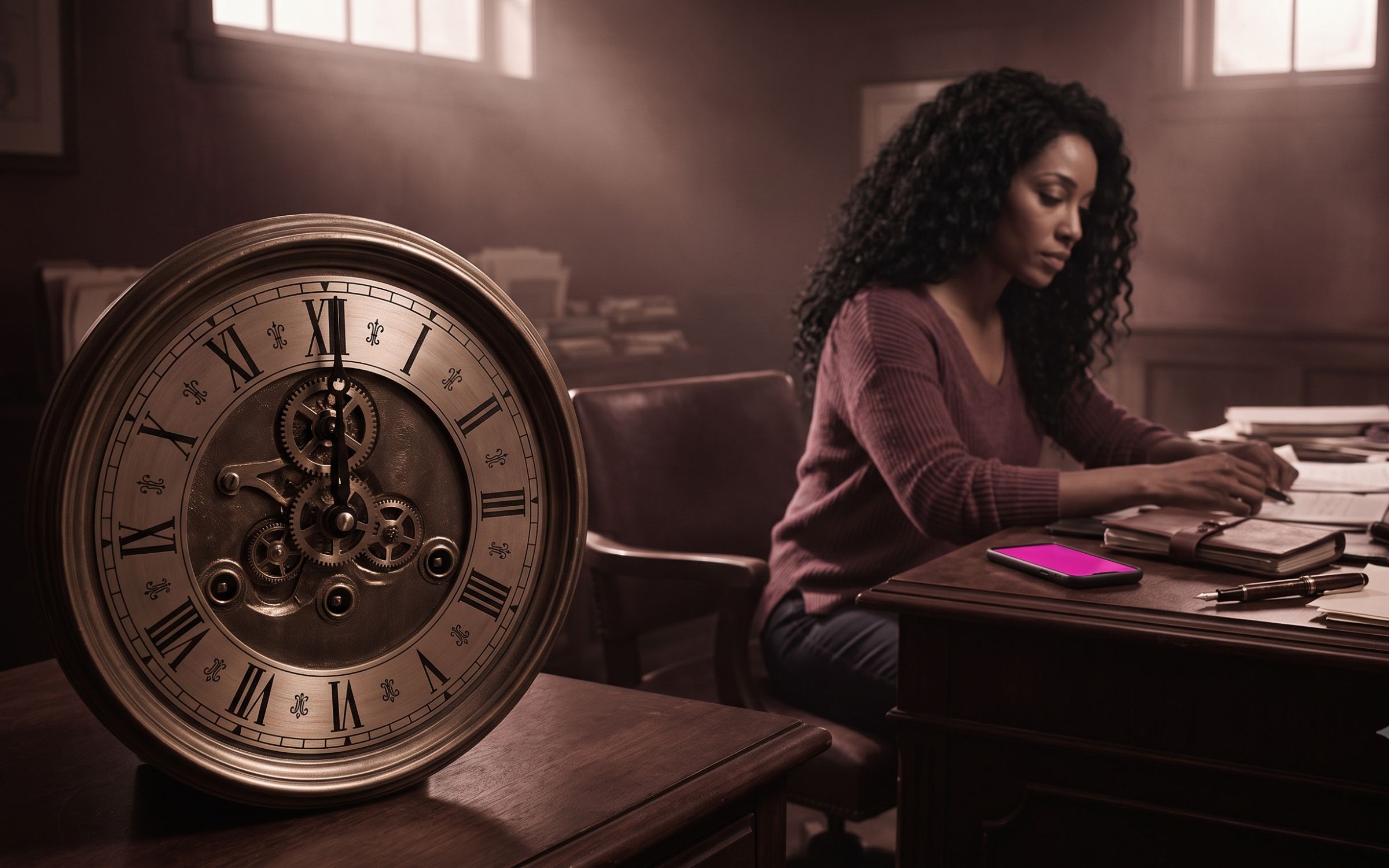 A frozen clock in sharp focus with a working figure in soft background focus, suggesting time control slipping away.