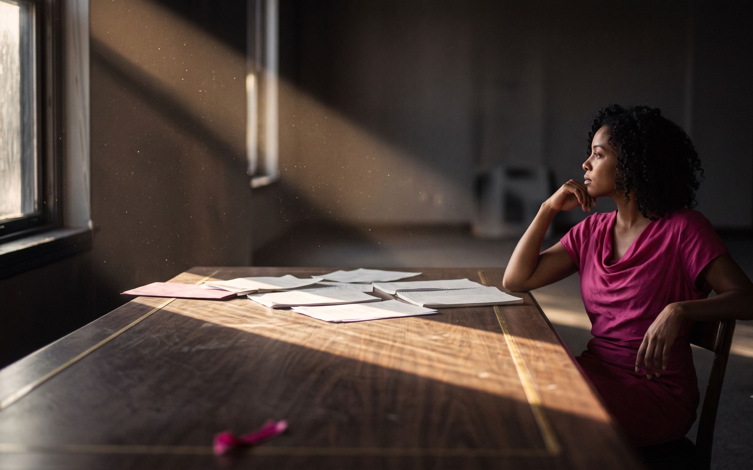 Woman seated at a long table in shadow, lit by a single shaft of window light, symbolizing judgment that has never been written down.