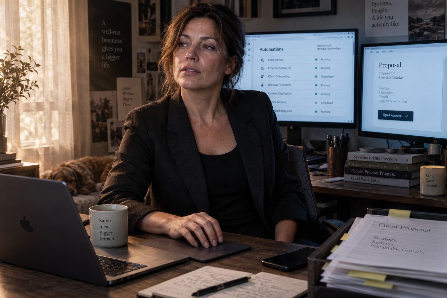 A founder pausing mid-approval at her desk, cool screen light and warm window light split across her face, illustrating why AI automation isn't fixing the bottleneck in her business.
