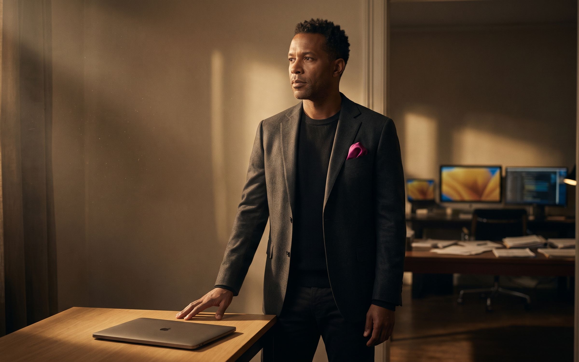 Man standing in his home office at his desk