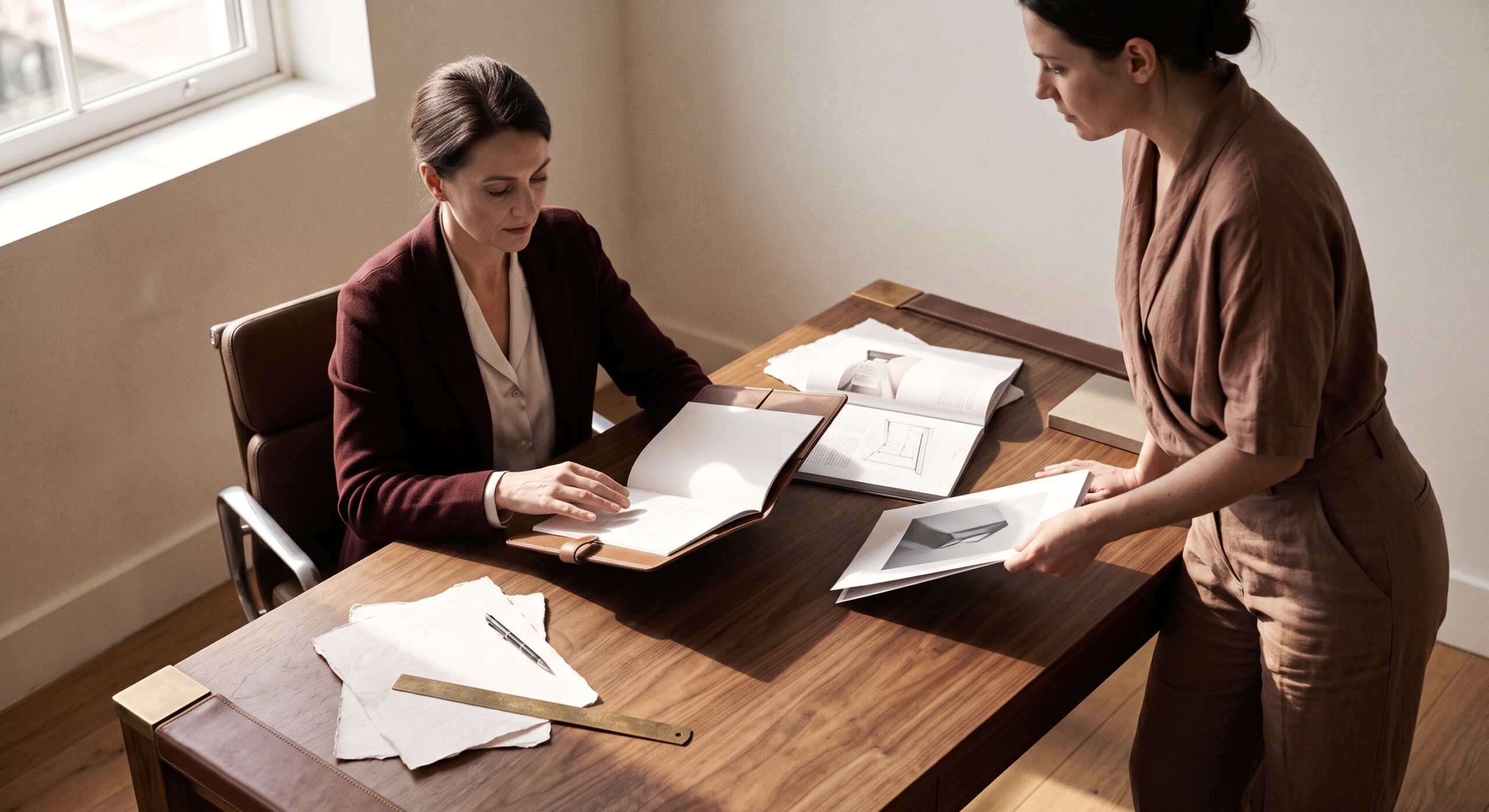 One figure at a desk reviews work held by another, the spatial composition emphasizing the weight of approval-based decision-making