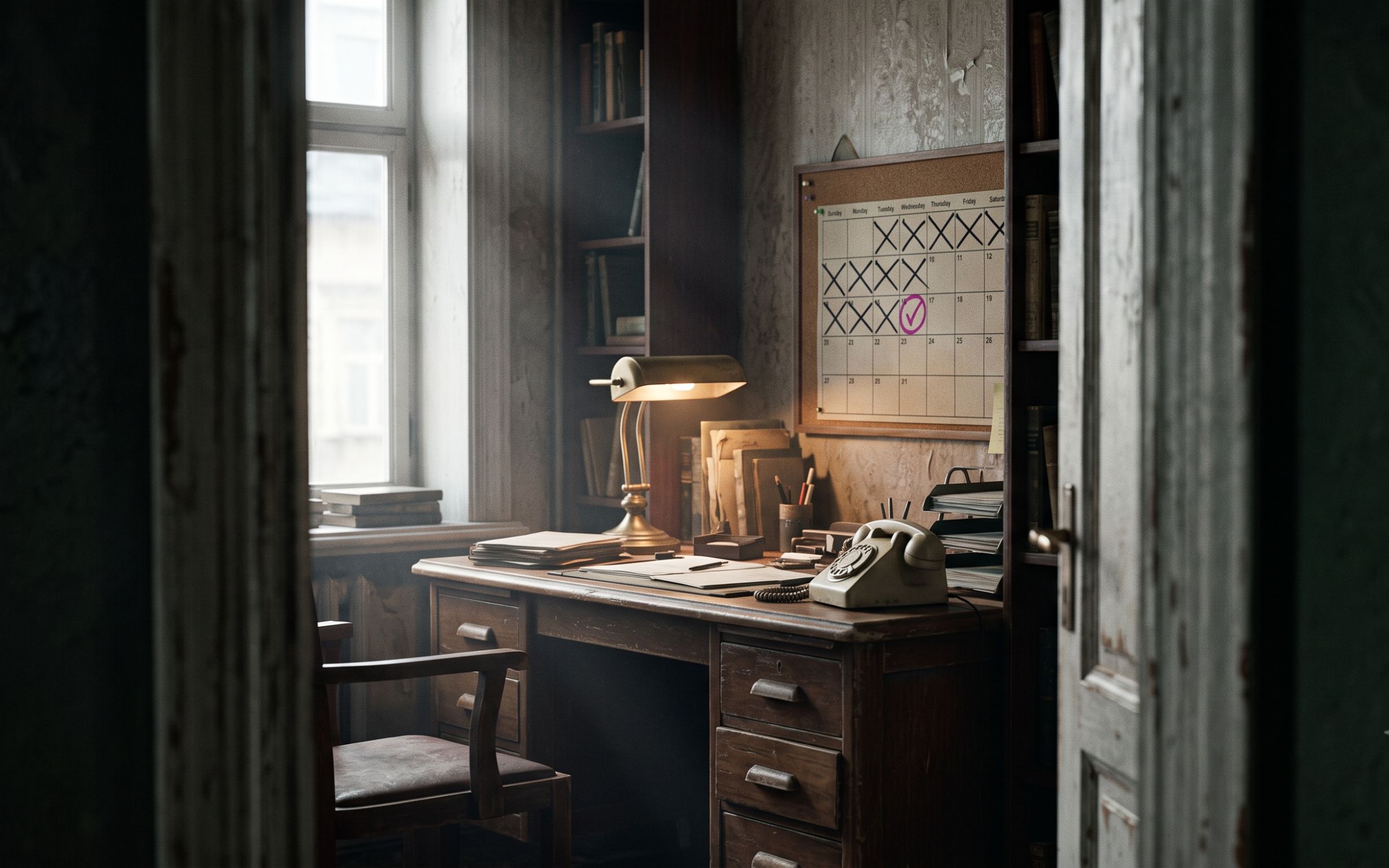 A closed laptop on a wooden desk in soft afternoon light, suggesting a decision made without the founder present