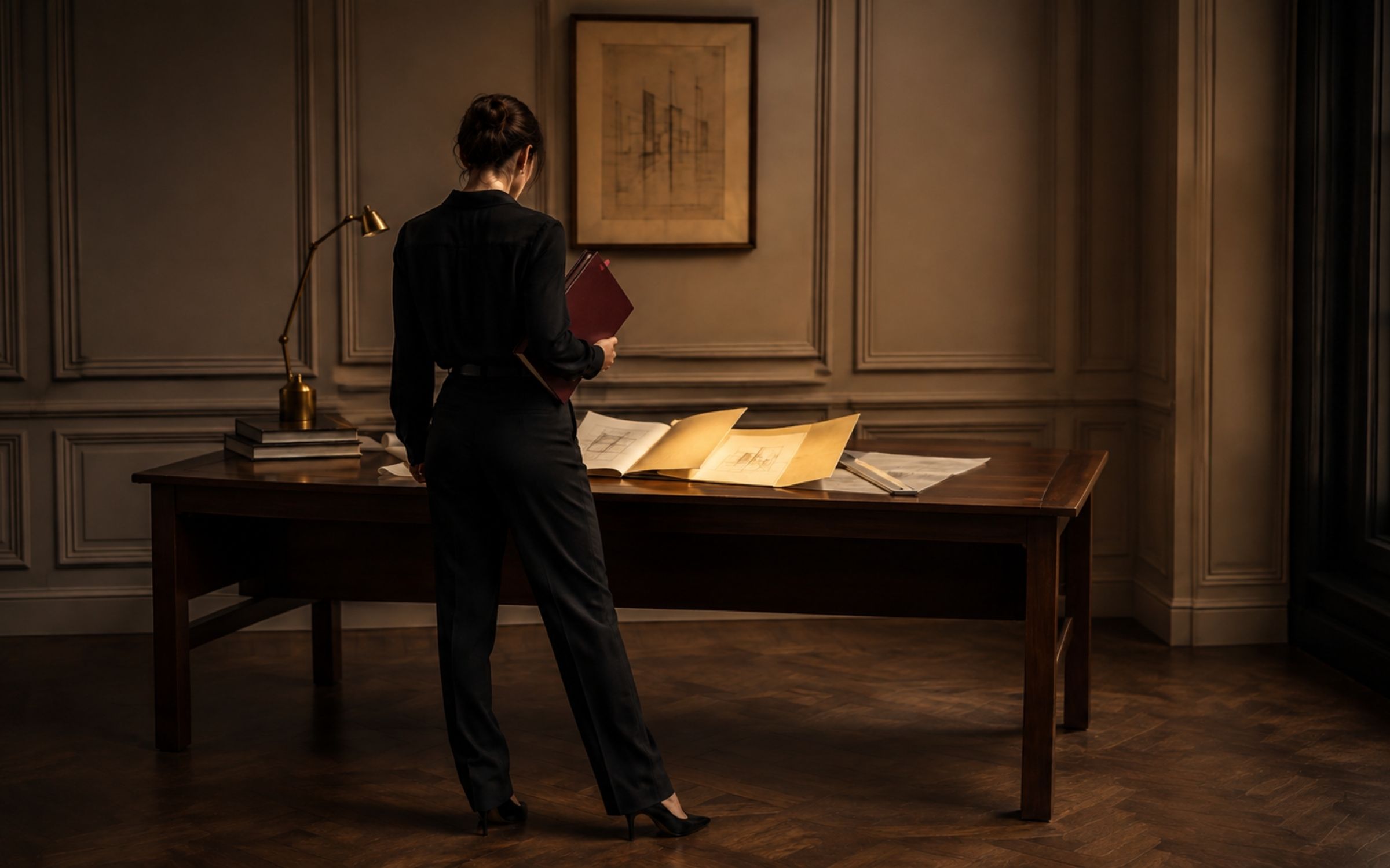 A person standing at a desk, facing two folders laid side by side, her attention and posture directed at one while the other remains untouched, the moment of deciding which is hers still visible rather than already resolved