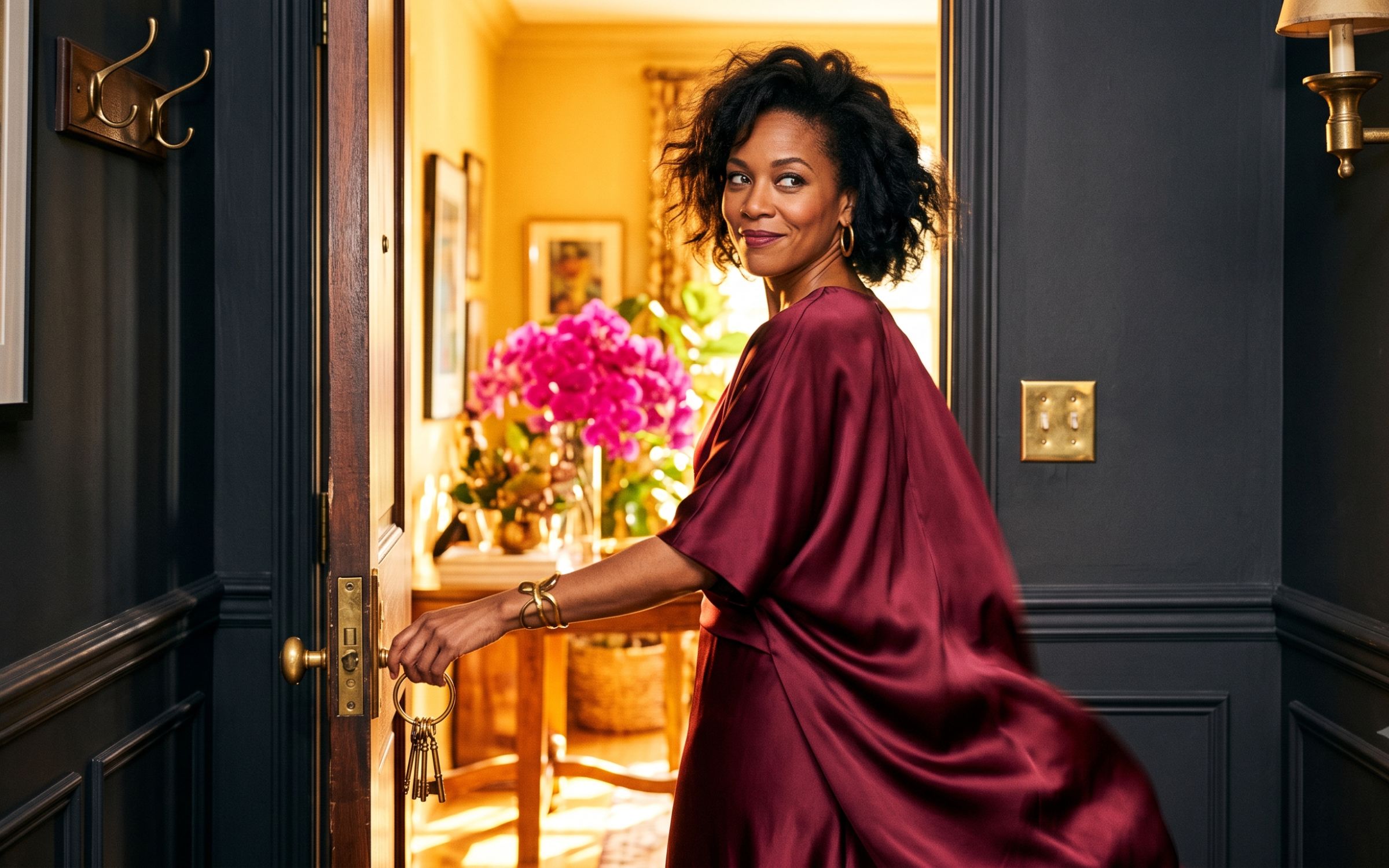 woman entering the warm room versus dark hallway, the fuchsia bloom, the confident glance back