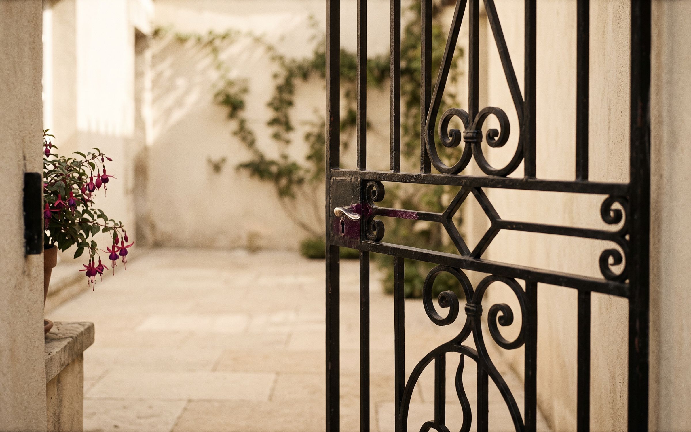 A partially open iron gate in a bright courtyard, representing a deliberately set boundary rather than full openness or full closure.
