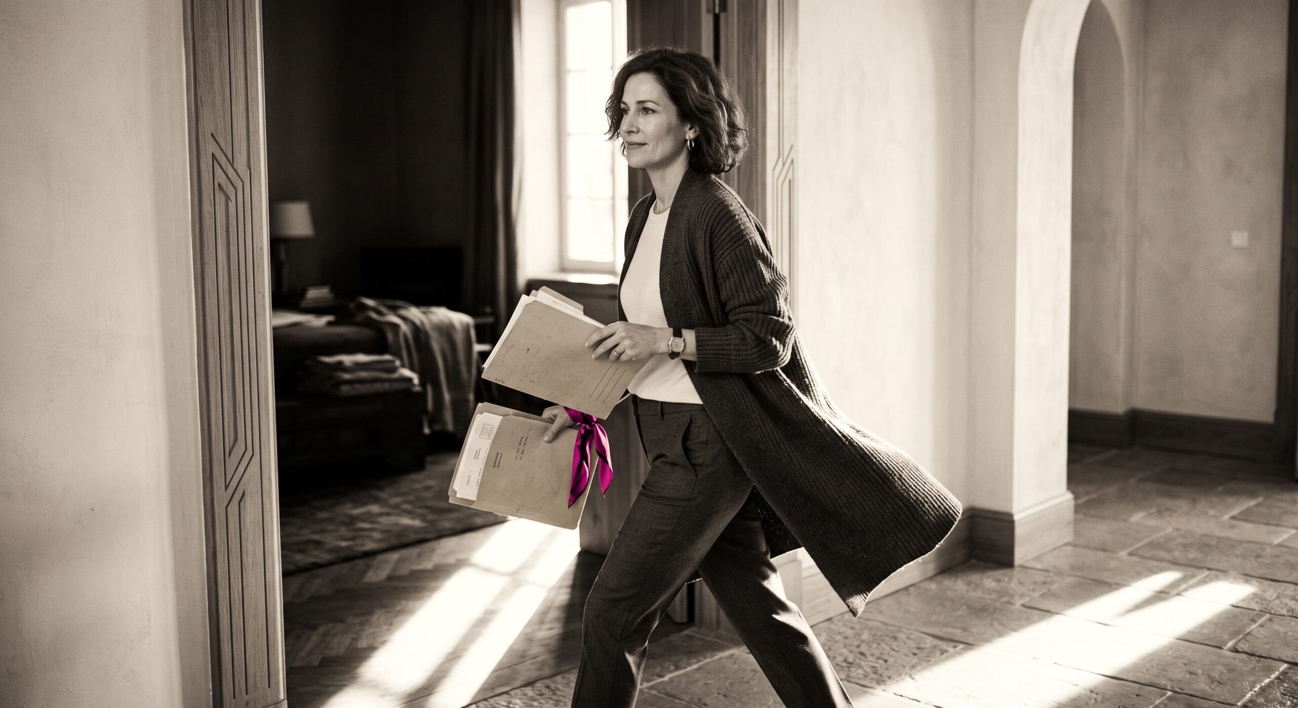 An elegant woman in motion crosses a sunlit doorway, coat flaring, a folder at her side, caught mid-stride