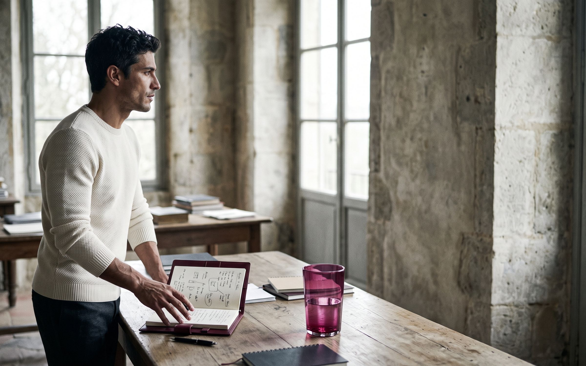 Founder reviewing paperwork at a desk, sunlight crossing the surface, representing the manual oversight that replaces real AI delegation