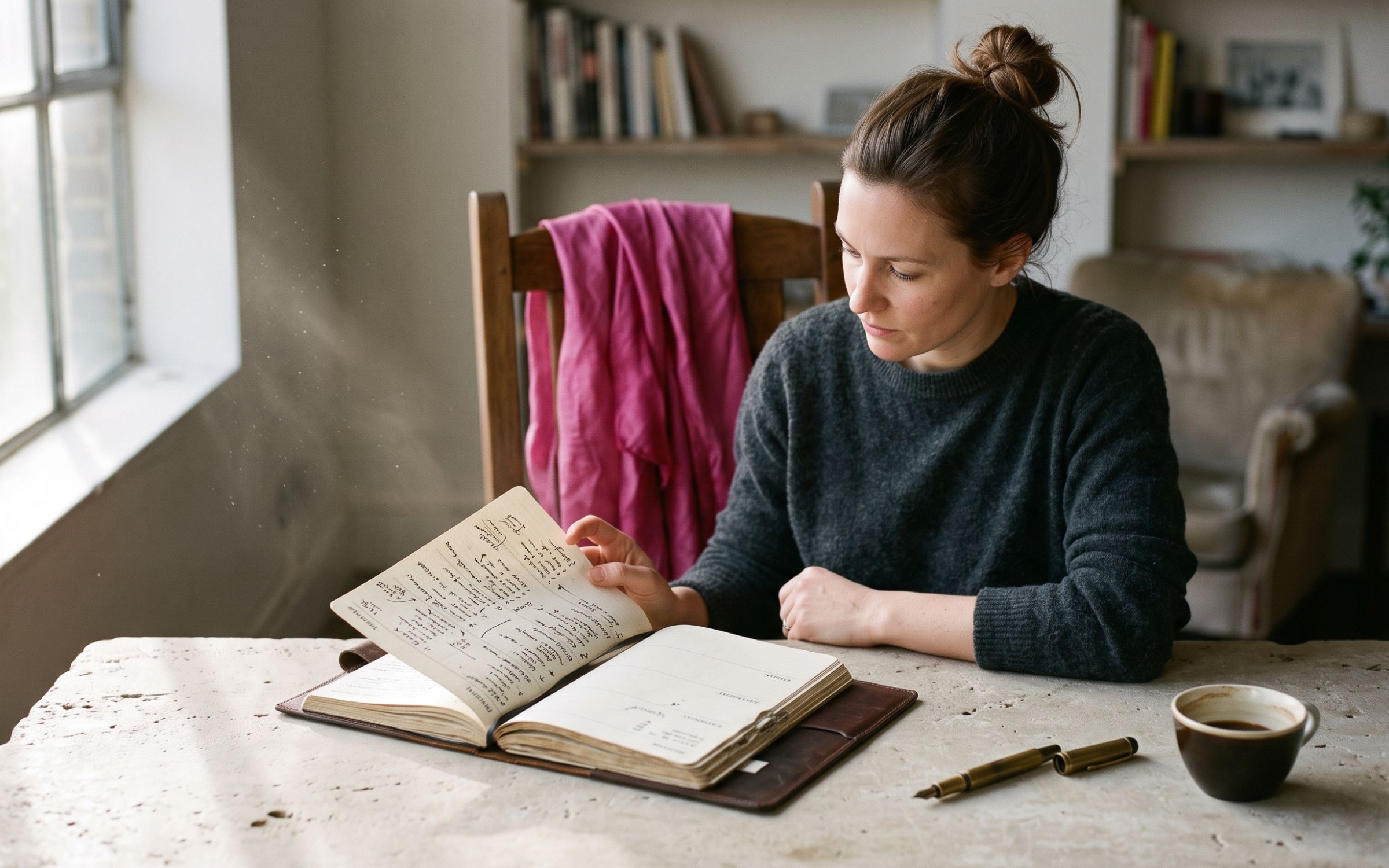 Woman reviewing a handwritten weekly planner at a limestone desk, a fuchsia silk scarf draped over the chair beside her, morning light crossing the page