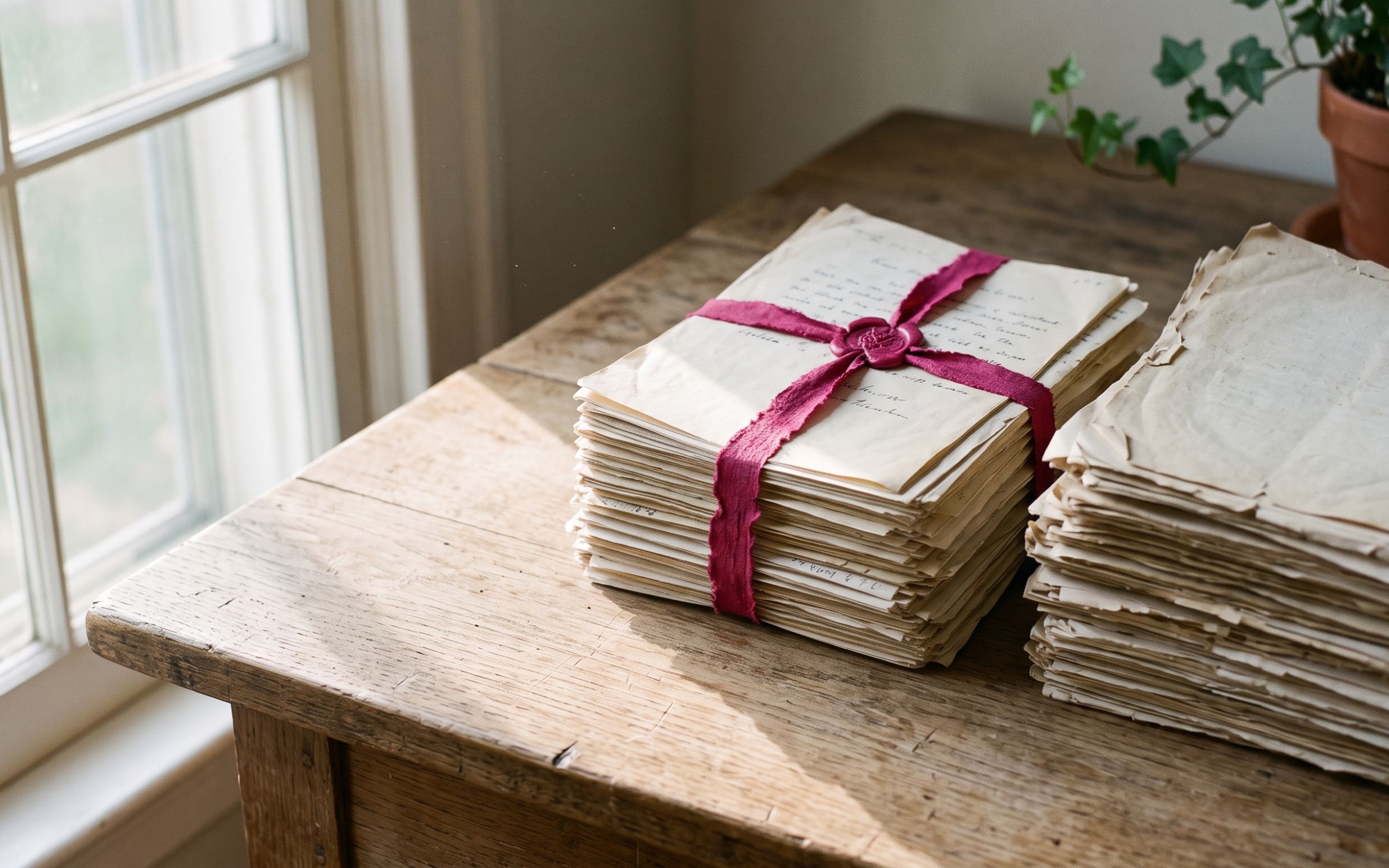 Two stacks of paper documents on a wooden desk, one bound in fuchsia ribbon, morning light crossing the surface