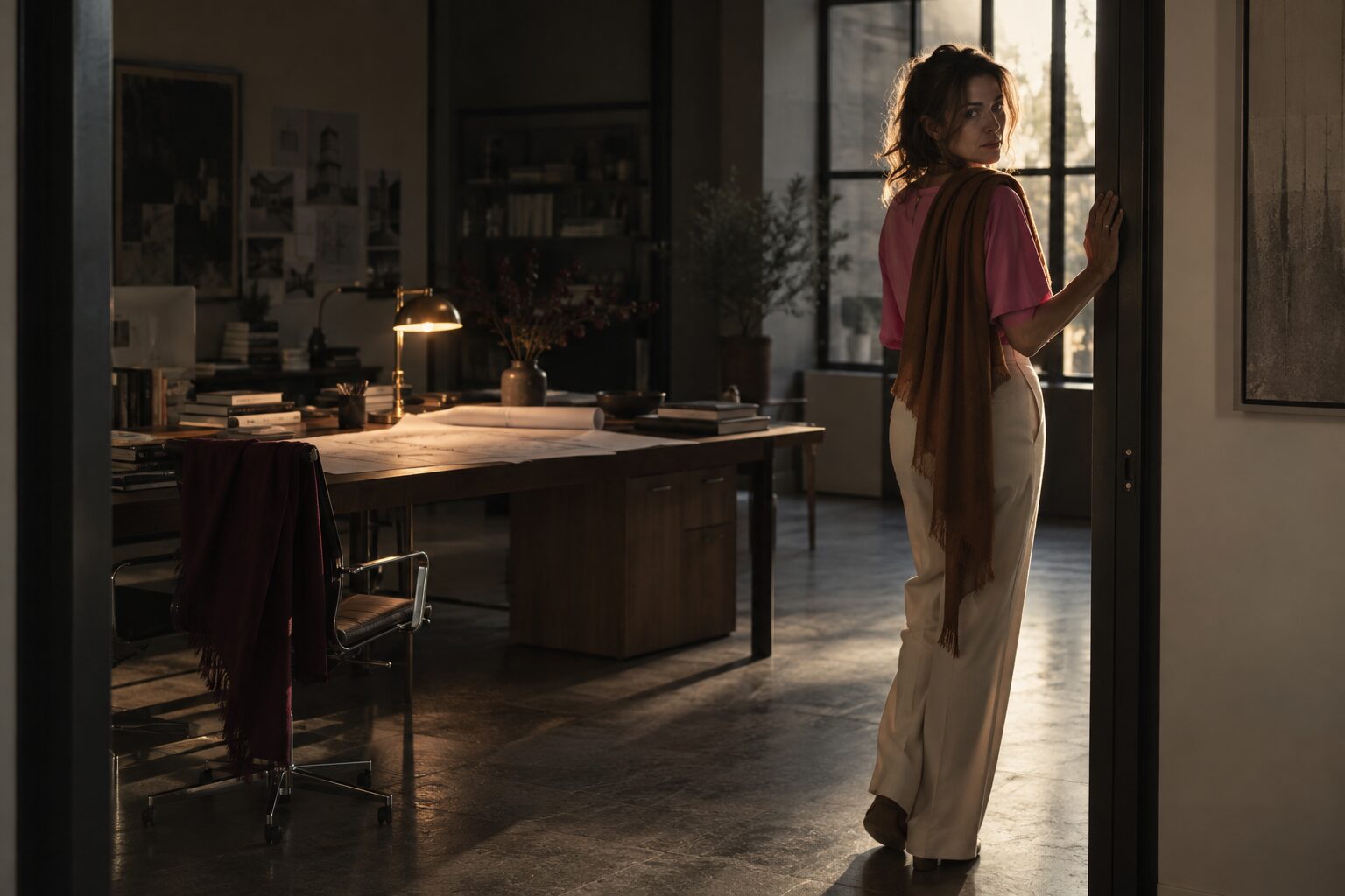 A woman pauses in a doorway looking back at a still-lit desk lamp in the room behind her.
