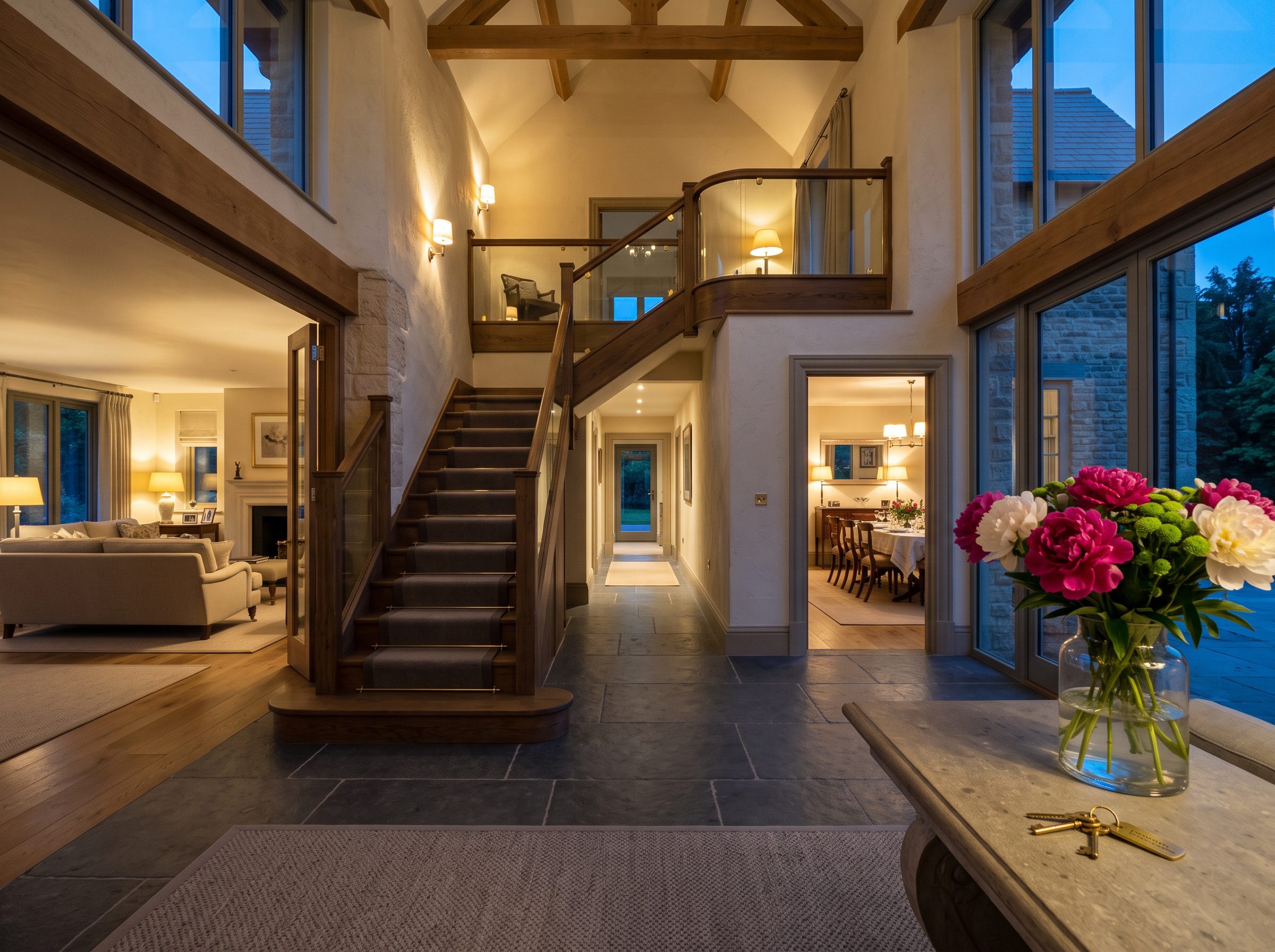 An empty stone villa foyer at dusk with every lamp lit, suggesting a business built on operational architecture instead of an OBM vs integrator hire.