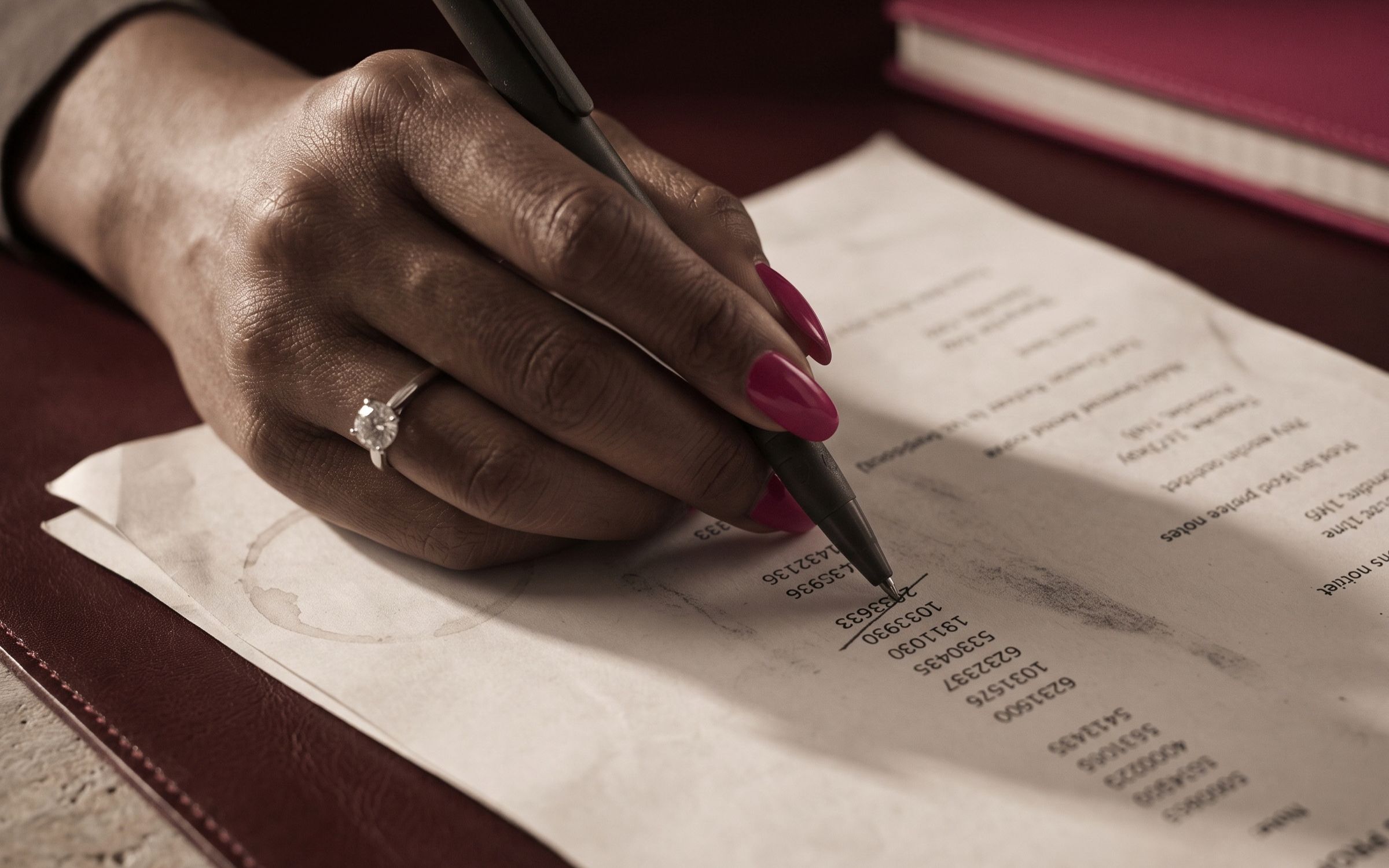 A hand hesitating over a proposal, caught between writing one number and reconsidering it.