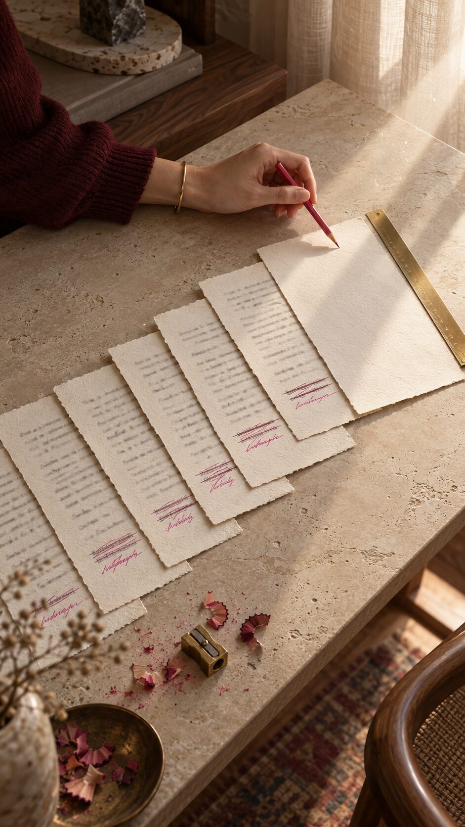 A hand holding a fuchsia pencil over six hand-corrected pages and one blank page, the cost of fixing AI output by hand, on a limestone desk in morning light.