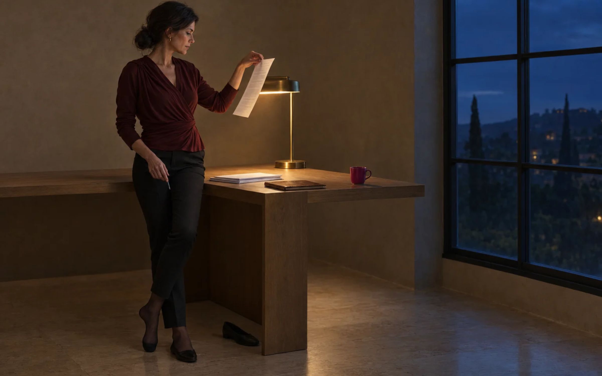 A woman reviews a printed draft at a desk by a window in evening light, a lamp on and a pen in hand.