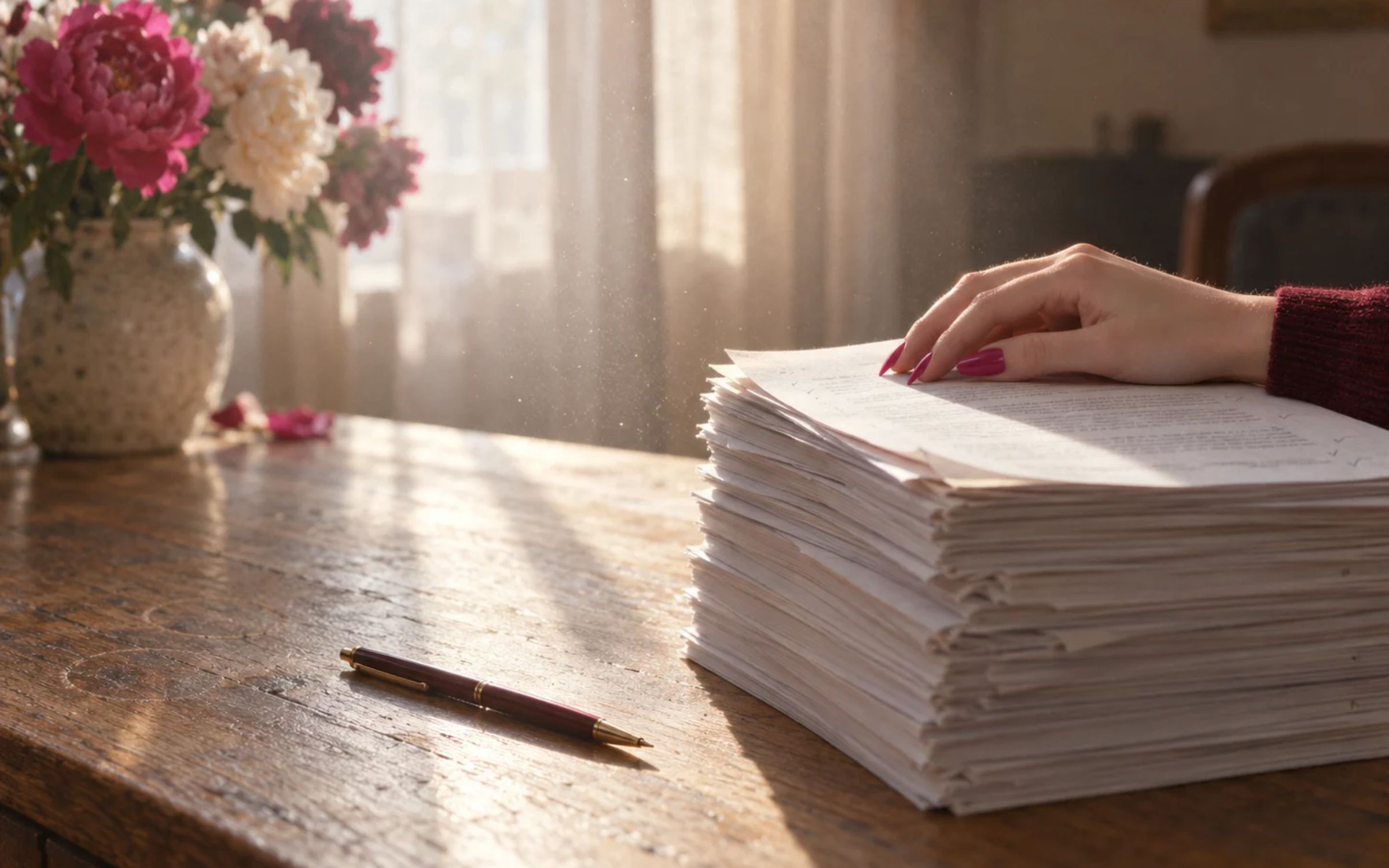 A hand resting on a tall stack of printed drafts at a wooden desk in morning light, showing AI in business operations approvals.