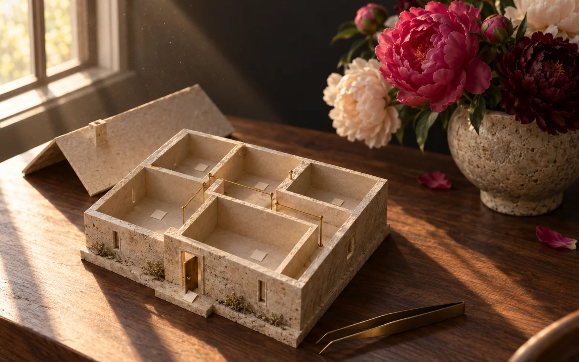 A tangled open drawer beside an architectural model of a house with its roof lifted off, showing tidy rooms, a visual for Airtable for small business.