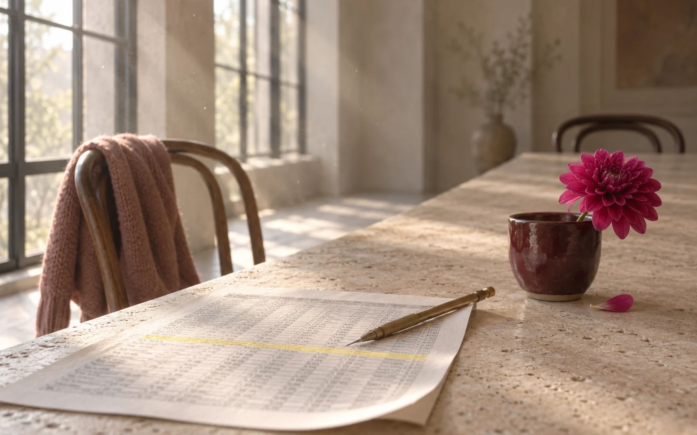 A woman in a dim room surrounded by open ledgers, a picture of how everything depends on one person.