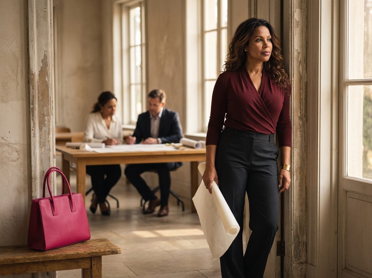 founder in a wine cardigan pauses at a sunlit doorway while her team works calmly inside, the scene behind the thought "I feel useless when my business runs without me."